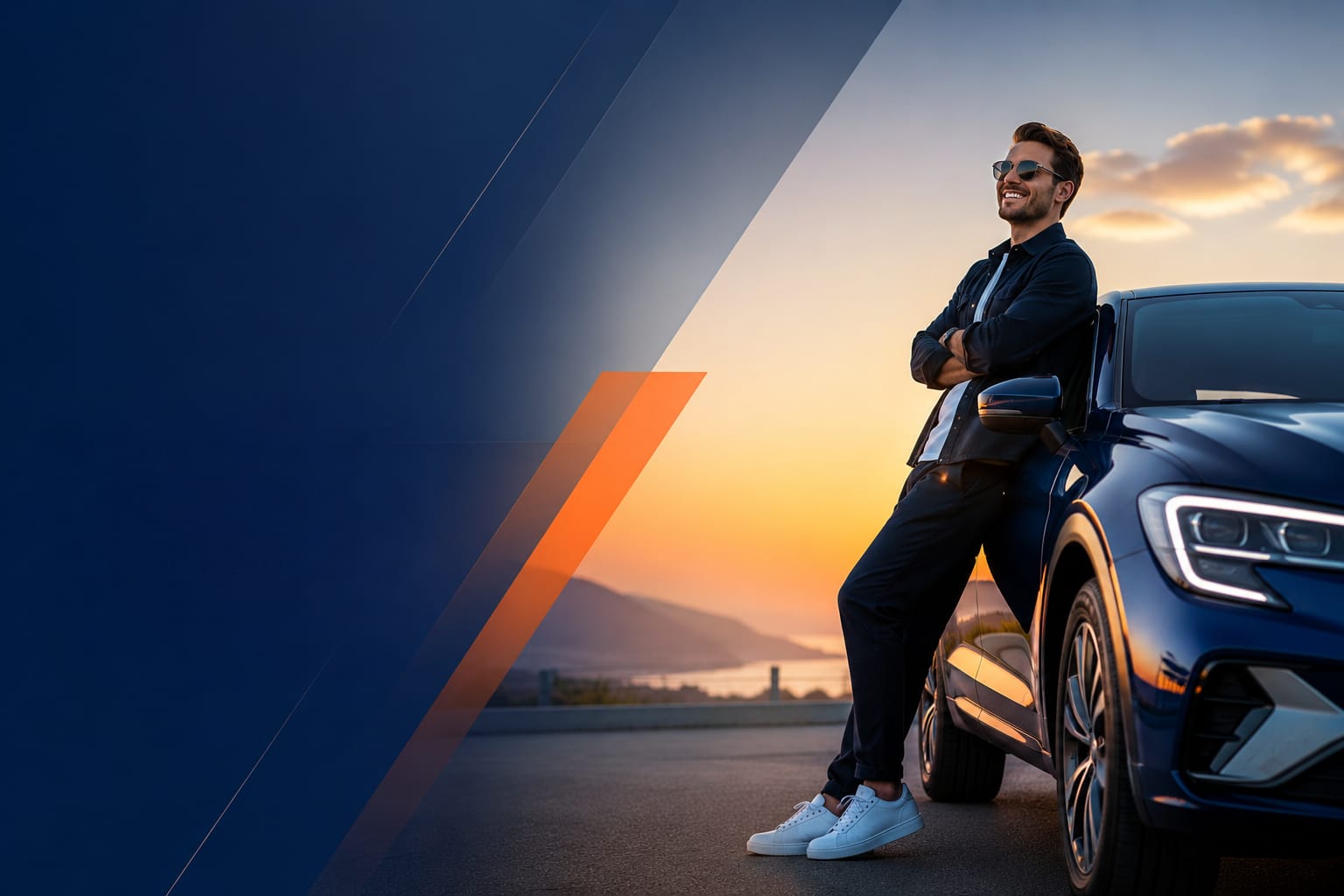 Conductor junto a un vehículo RentCars al atardecer